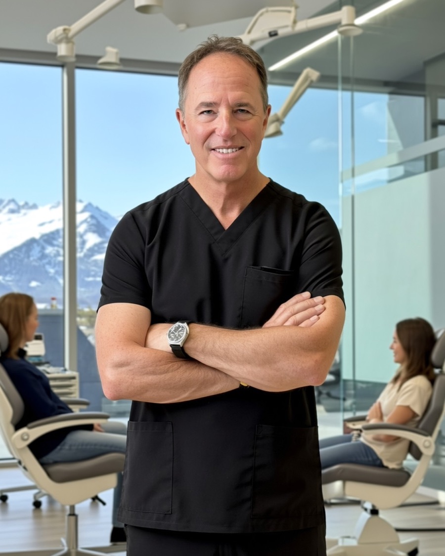 Dr. Robert Miller in black scrubs, arms crossed, in an orthodontic treatment room