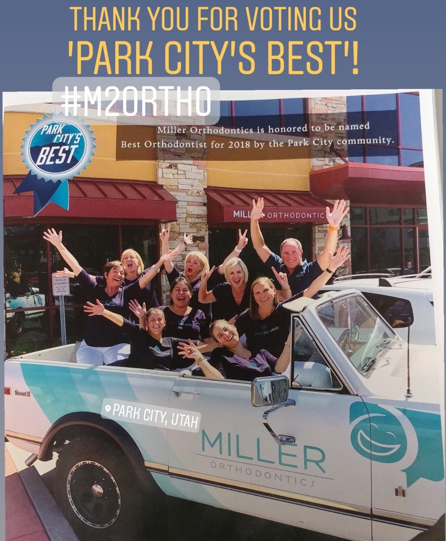 Miller Orthodontics 2018 magazine ad: the team waving from the Miller Orthodontics truck outside the Park City office, honored to be named Best Orthodontist for 2018