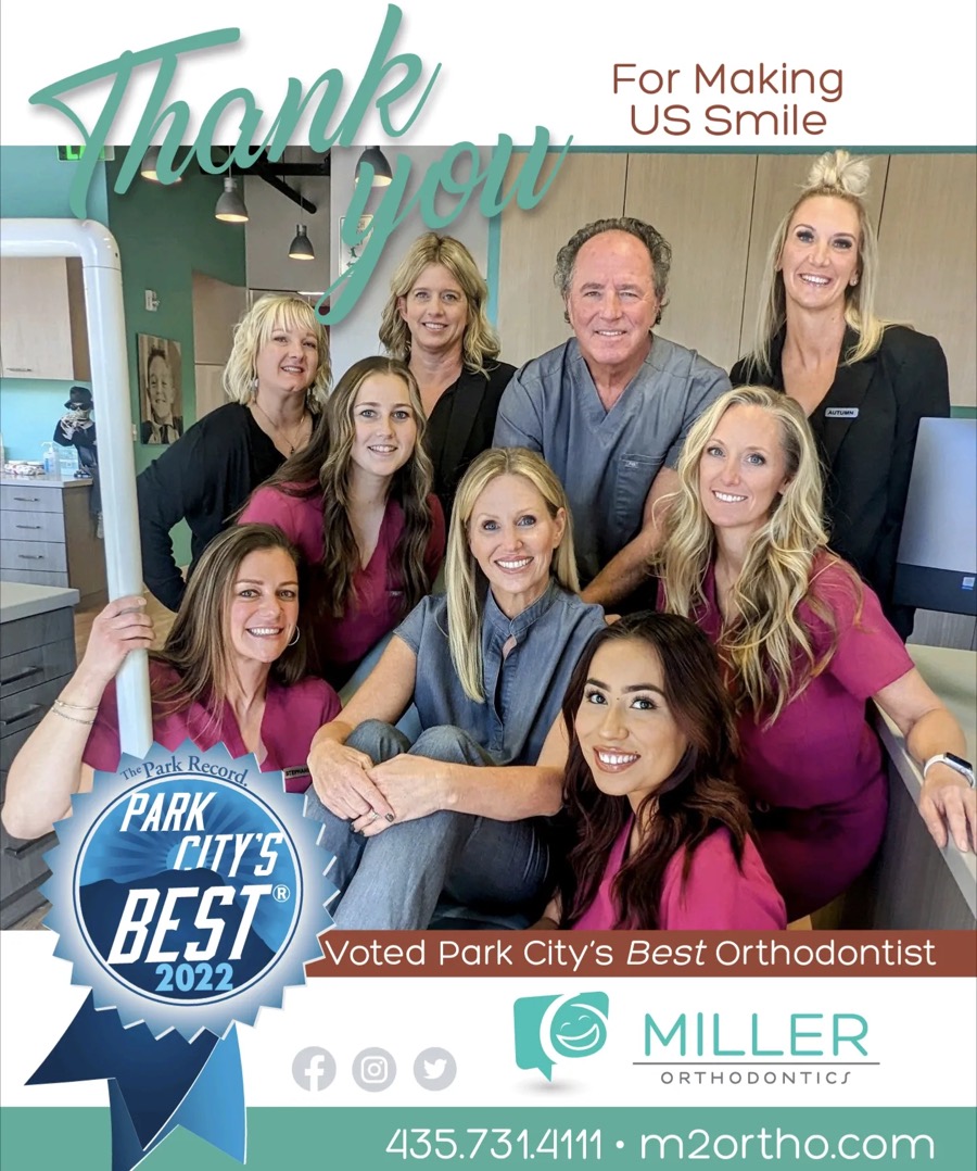 Miller Orthodontics 2022 thank-you ad: the team in the office beside the Park City's Best 2022 badge, voted Park City's Best Orthodontist