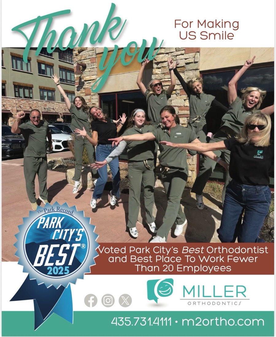 Miller Orthodontics 2025 thank-you ad: the team jumping outside the Park City office beside the Park City's Best 2025 badge, voted Park City's Best Orthodontist and Best Place to Work Fewer Than 20 Employees